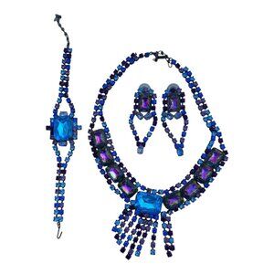 Bijoux MG Rainbow Glass Blue Crystal Jewelry Set Necklace Earrings Bracelet READ